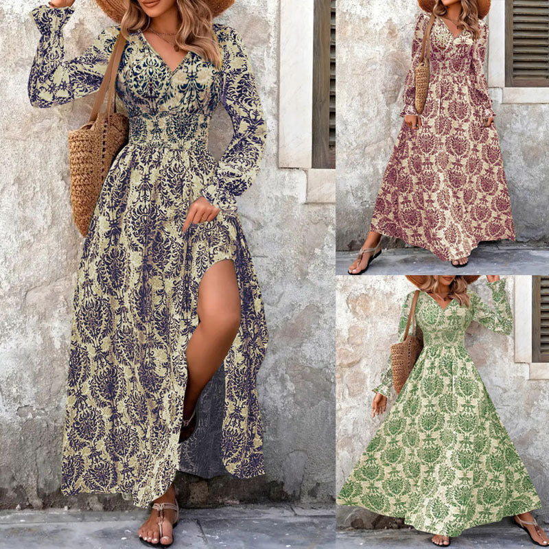 Damen Fließendes Maxikleid mit geraffter Smock-Taille, Trompetenärmeln und ornamentalem Druck Drune