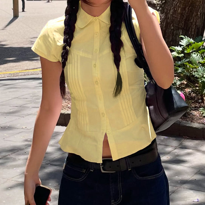 Damen kurzärmliges Hemdblusenshirt mit tailliertem Schnitt und eleganten Raffungen Drune