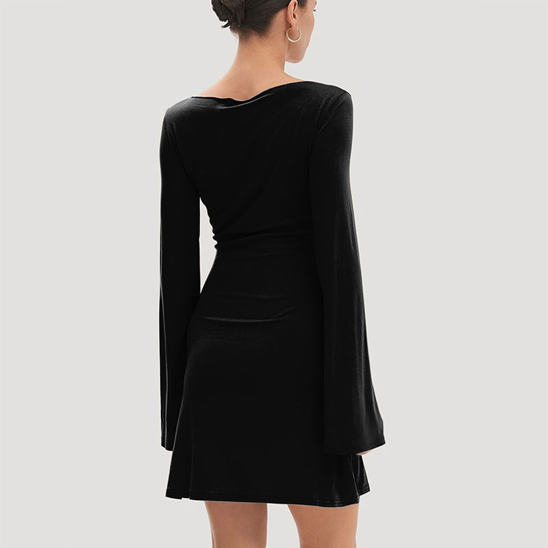 Damen elegantes Langarmkleid mit asymmetrischem Saum und fließendem Schnitt Drune