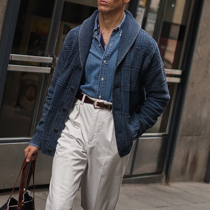 Herren Gestrickter Schalkragen-Cardigan mit Strukturstrick und aufgesetzten Taschen Drune