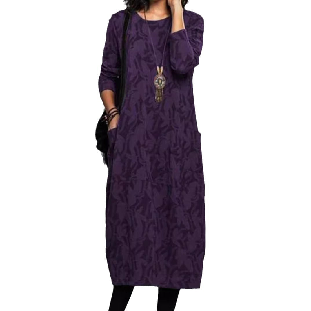 Damen nan locker geschnittenes Midikleid aus Feinstrick mit Ton-in-Ton-Jacquard, Rundhalsausschnitt und seitlichen Eingrifftaschen Drune