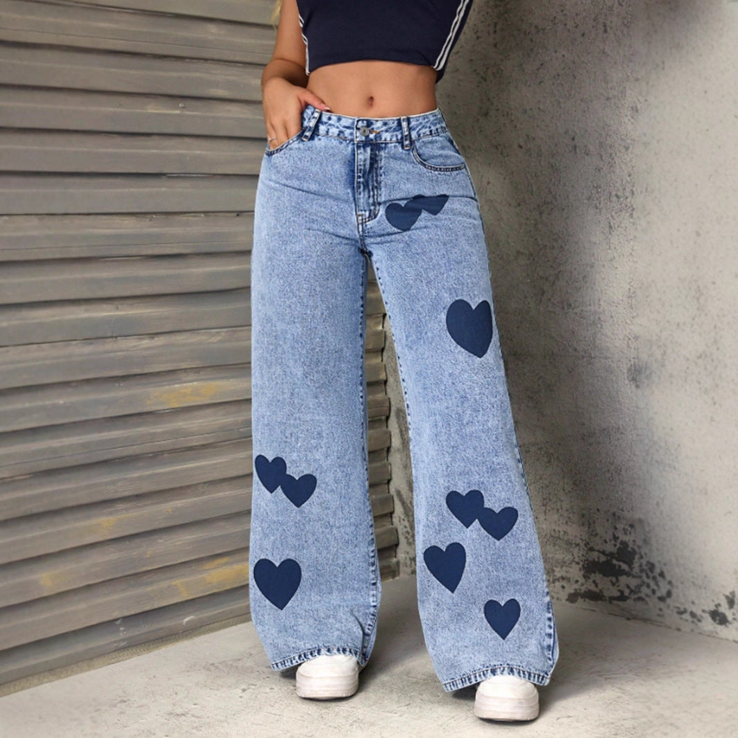 Damen weite Jeans mit Herzen-Applikationen Drune