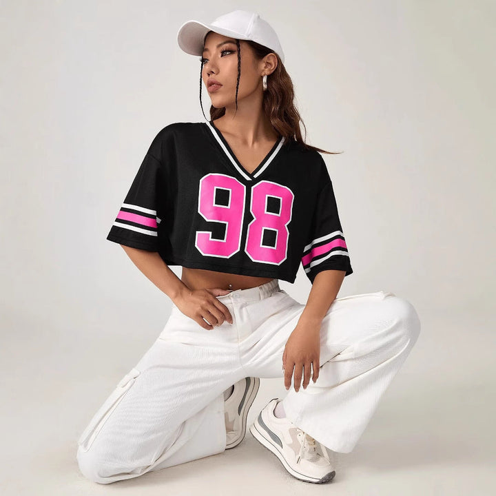 Damen Crop-Top mit sportivem V-Ausschnitt und grafischem Druck Drune
