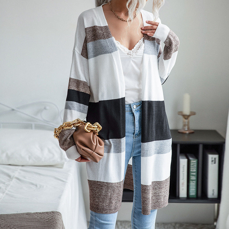 Damen Langer Offener Strickcardigan mit Blockstreifen, Leichtem Fall und Eingrifftaschen Drune