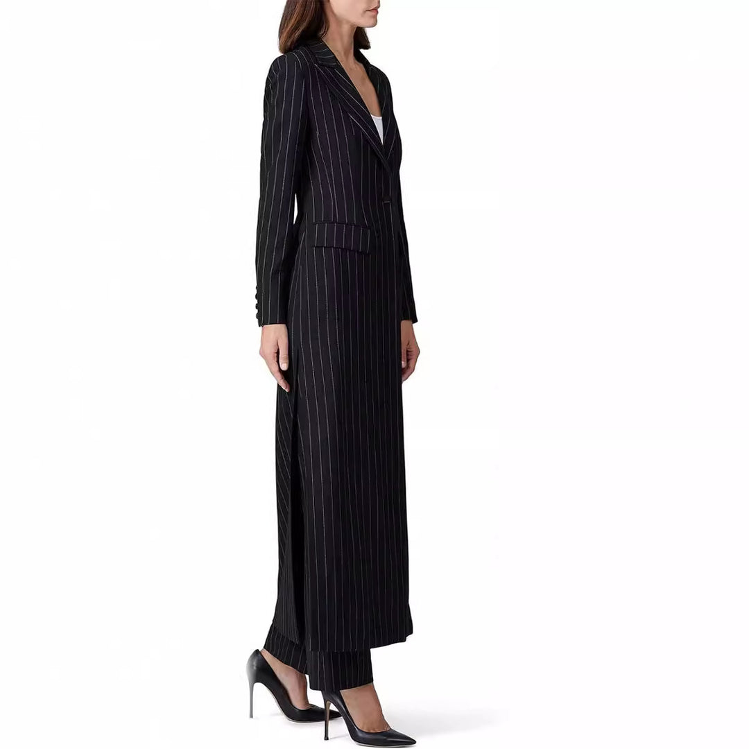 Damen Longline-Blazer-Mantel mit Nadelstreifen, taillierter Silhouette und Pattentaschen Drune