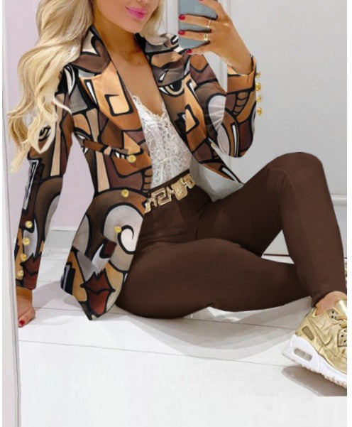 Damen Zweiteiliges Blazer-und-Hose-Set mit Schmetterlingsprint und glamourösem Glitzereffekt Drune