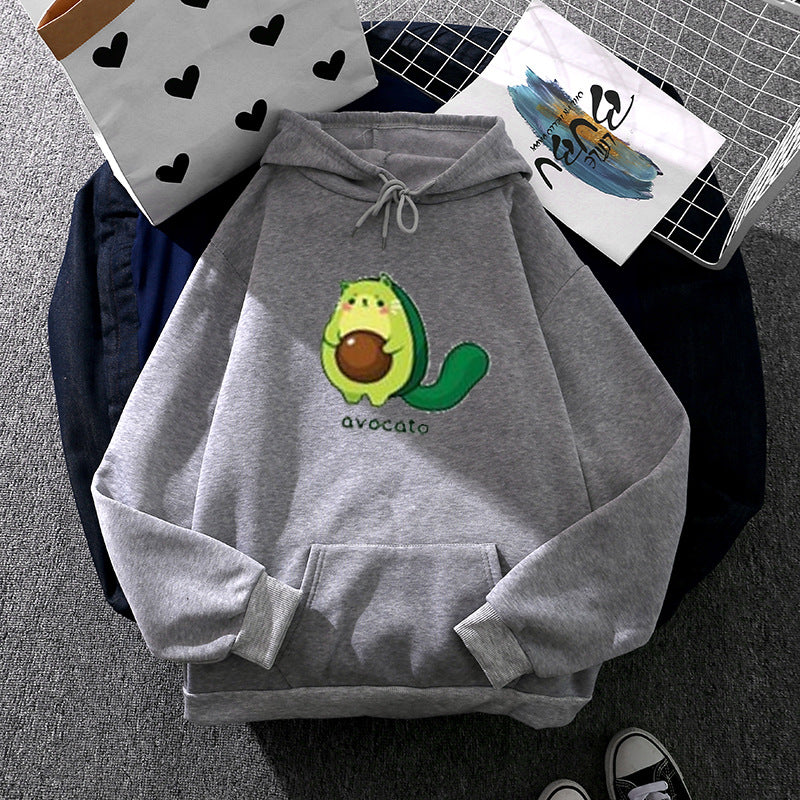 Damen nan Oversize-Fleecehoodie mit weichem Innenfutter, Kängurutasche und Avocato-Cartoonmotiv Drune