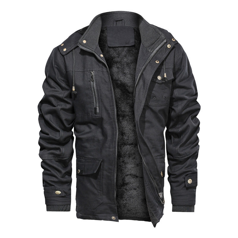 Herren gefütterte Canvas-Utilityjacke mit weichem Teddy-Innenfutter, verdecktem Zweiwege-Reißverschluss und Mehrfach-Taschen Drune