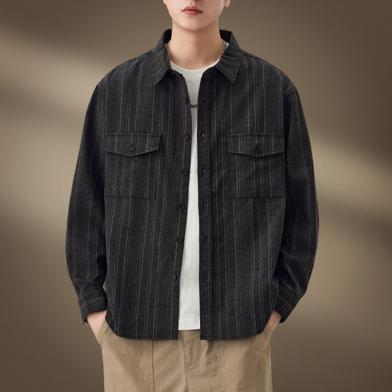 Herren Gestreiftes Hemdjacke mit Brusttaschen Drune