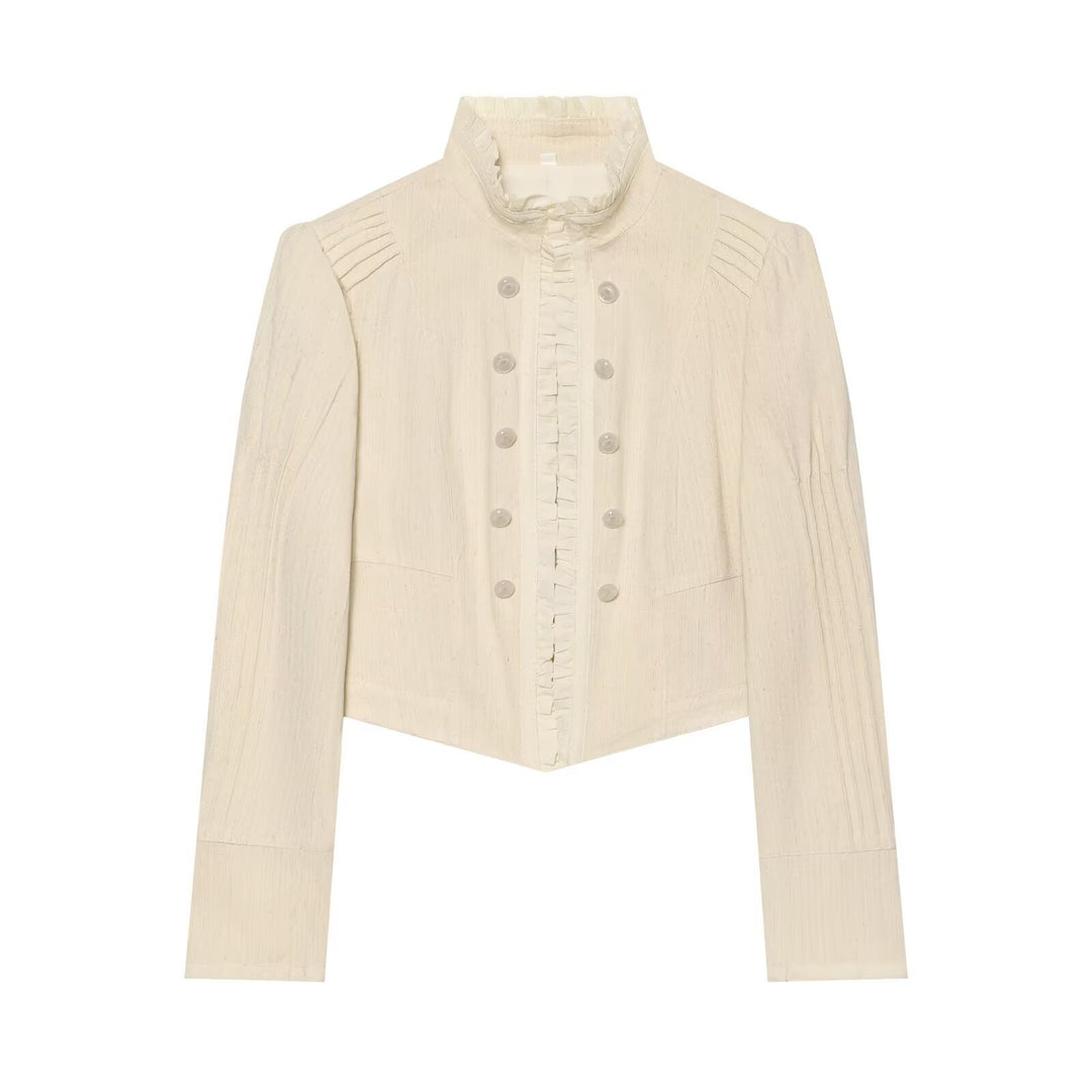Damen Cropped Jacke mit Stehkragen, Rüschenblende und doppelreihiger Zierknopfleiste Drune