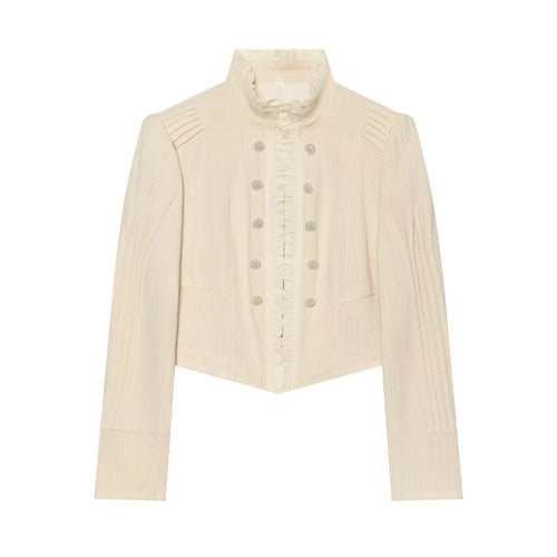 Damen Cropped Jacke mit Stehkragen, Rüschenblende und doppelreihiger Zierknopfleiste Drune