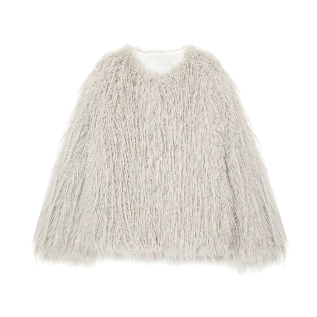Damen Faux-Fur-Pelzjacke mit langem Shaggy-Fell und Rundhalsausschnitt Drune