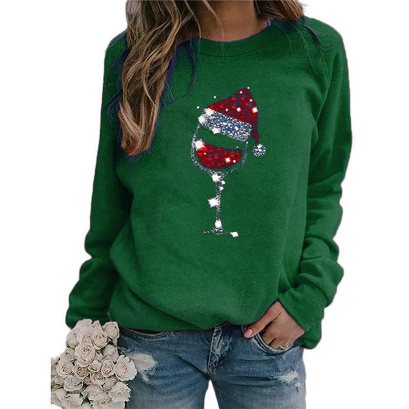 Damen Weihnachts Sweatshirt mit Pailletten Weinglas und Rundhalsausschnitt Drune