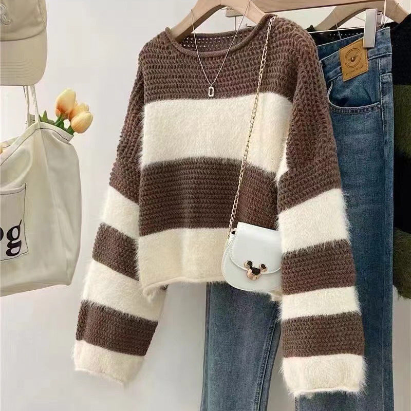 Damen gemütlicher Pullover mit weitem Schnitt und auffälligem Streifenmuster Drune