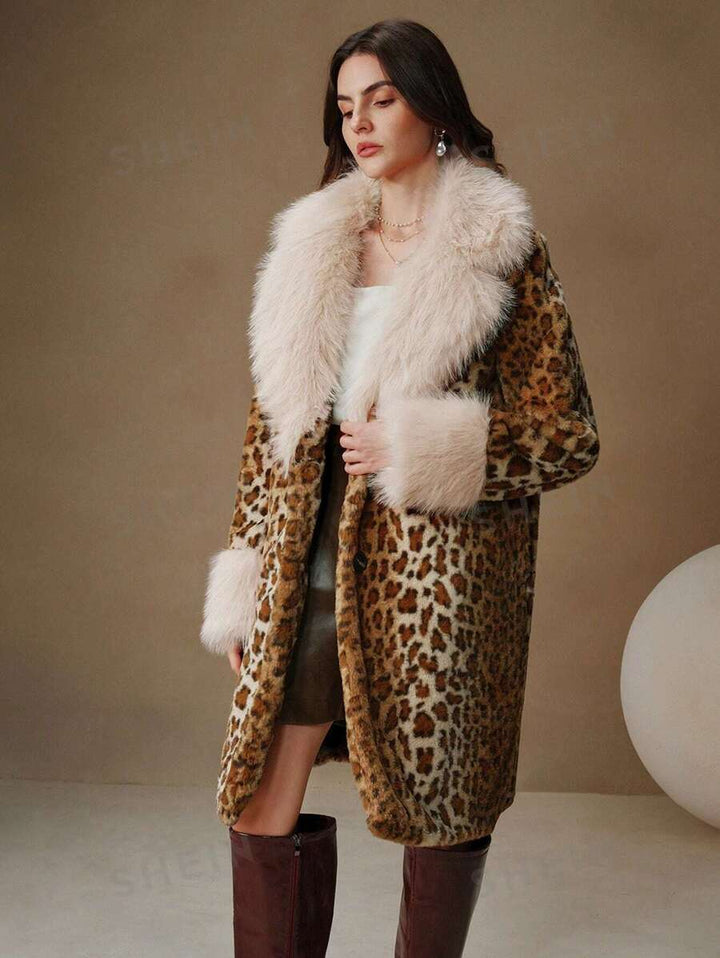 Damen Midilanger Kunstpelzmantel im Animal-Look mit abgesetztem Langhaar-Kragen und Manschetten Drune