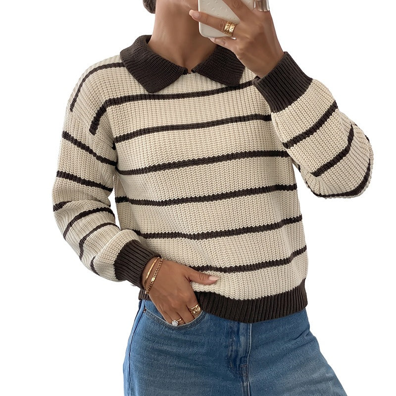 Damen Gestreifter Pullover mit Kragen Drune