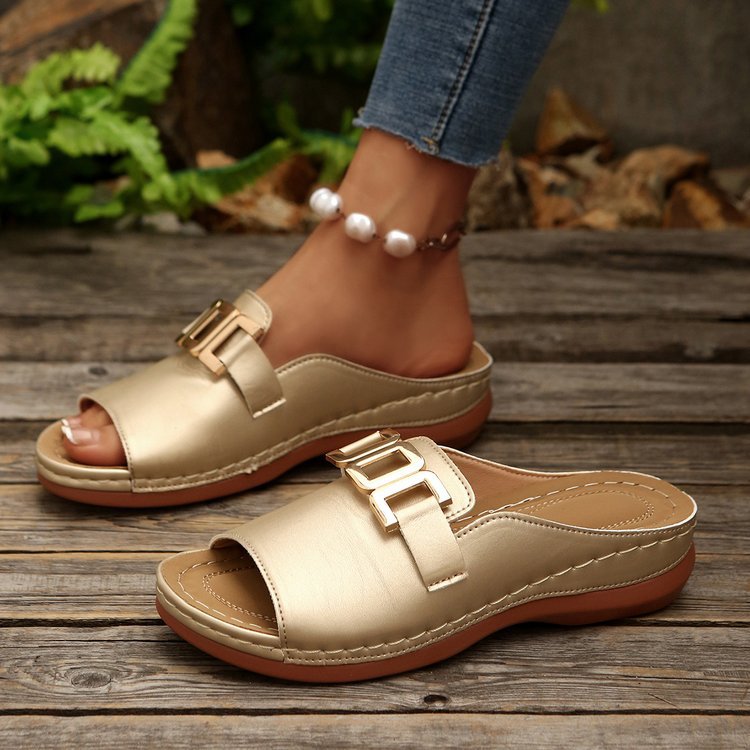 Damen nan Pantolette-Slipper mit goldfarbener Zierkette, ergonomischem Komfortfußbett und genähter Profilsohle Drune
