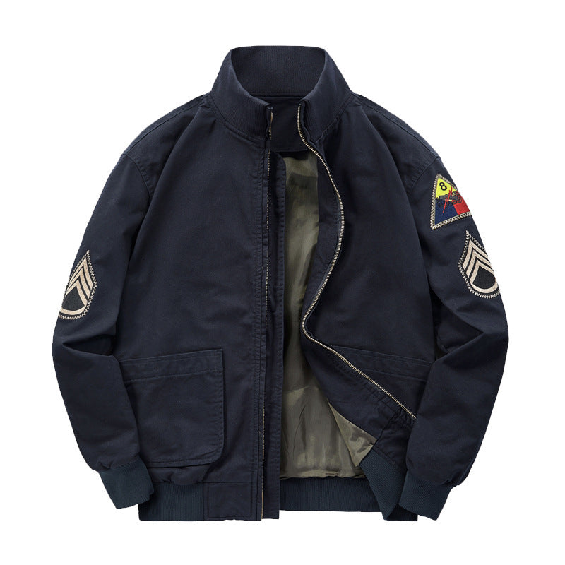 Herren Military-inspirierte Canvas-Bomberjacke mit Aufnähern, Stehkragen und Utility-Taschen Drune