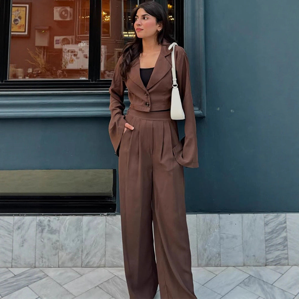 Damen Zweiteiliges Tailoring-Set Kurzblazer mit Glockenärmeln und High‑Waist Palazzohose Drune