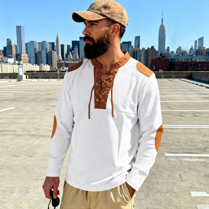 Herren Waffelstrick-Langarmshirt mit Schnürung und Kunstvelours-Ellbogenpatches Drune