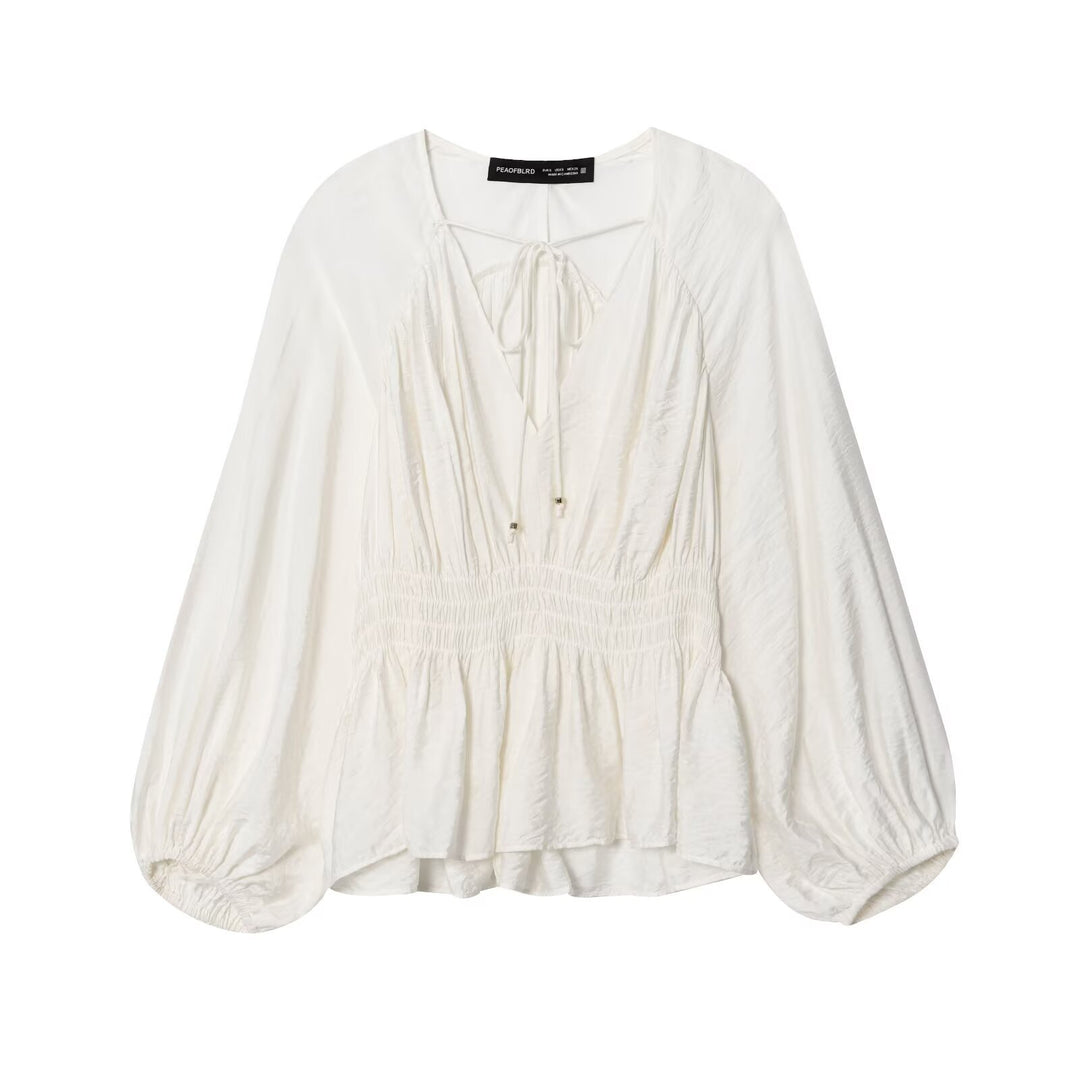 Damen Boho-Bluse mit Smock-Taillenbund, V-Ausschnitt und Ballonärmeln Drune