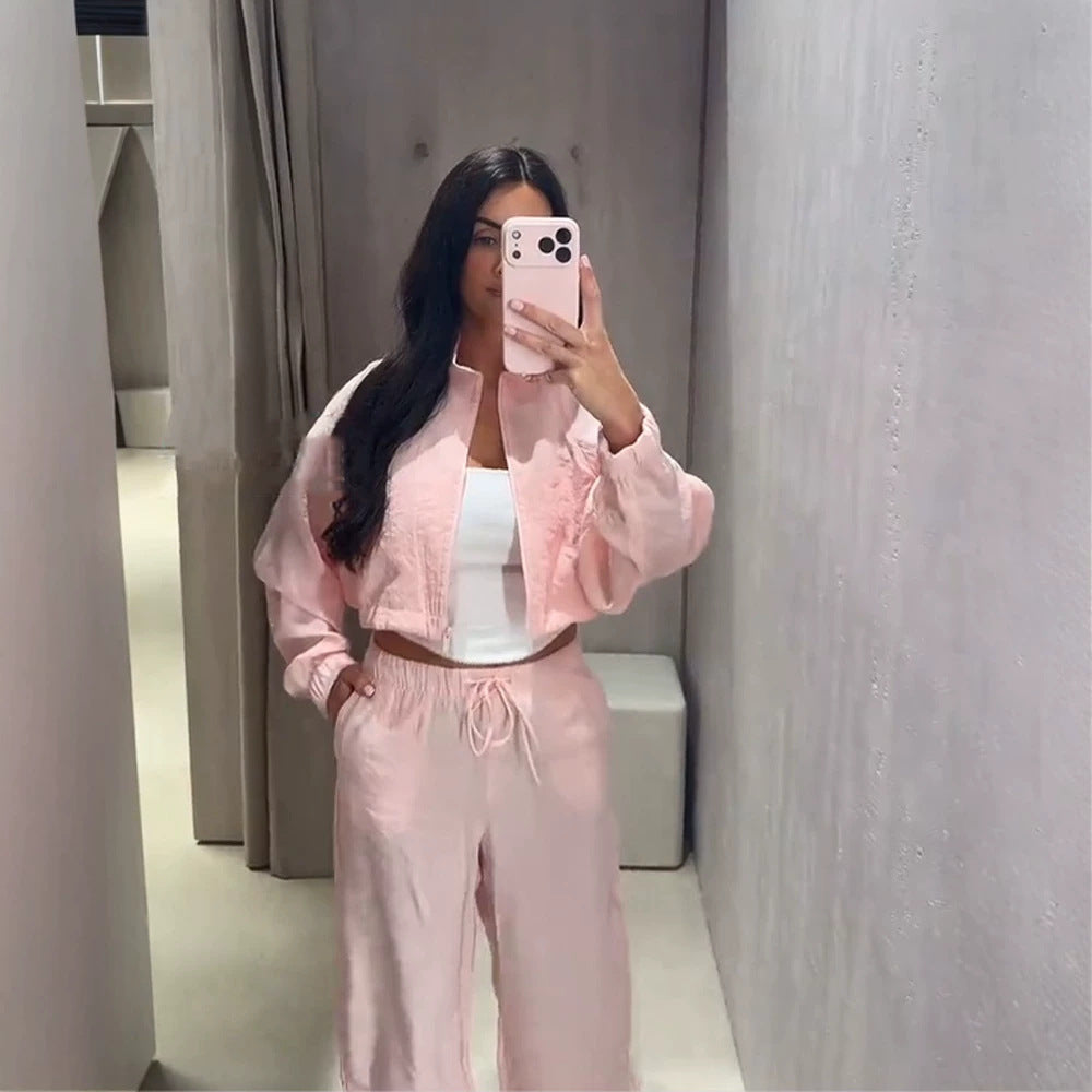 Damen Lässiges Satin-Trackset mit kurzem Reißverschluss-Top & weitem Tunnelzug-Hose Drune