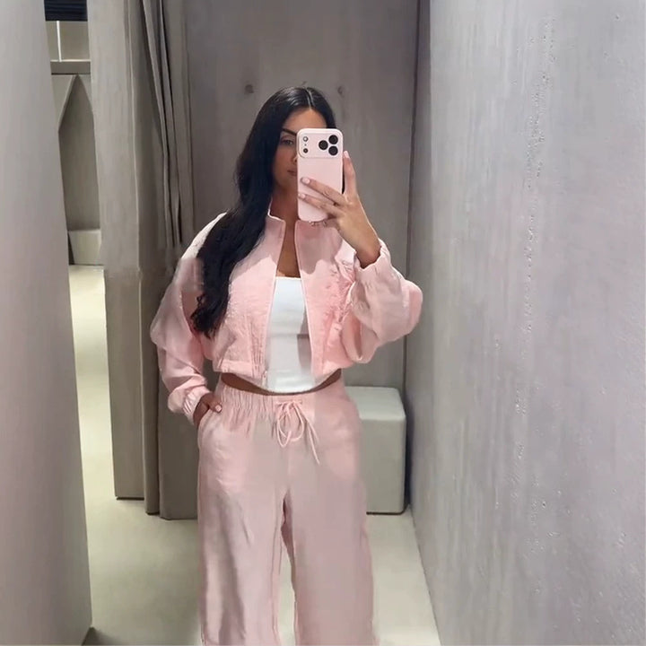 Damen Lässiges Satin-Trackset mit kurzem Reißverschluss-Top & weitem Tunnelzug-Hose Drune