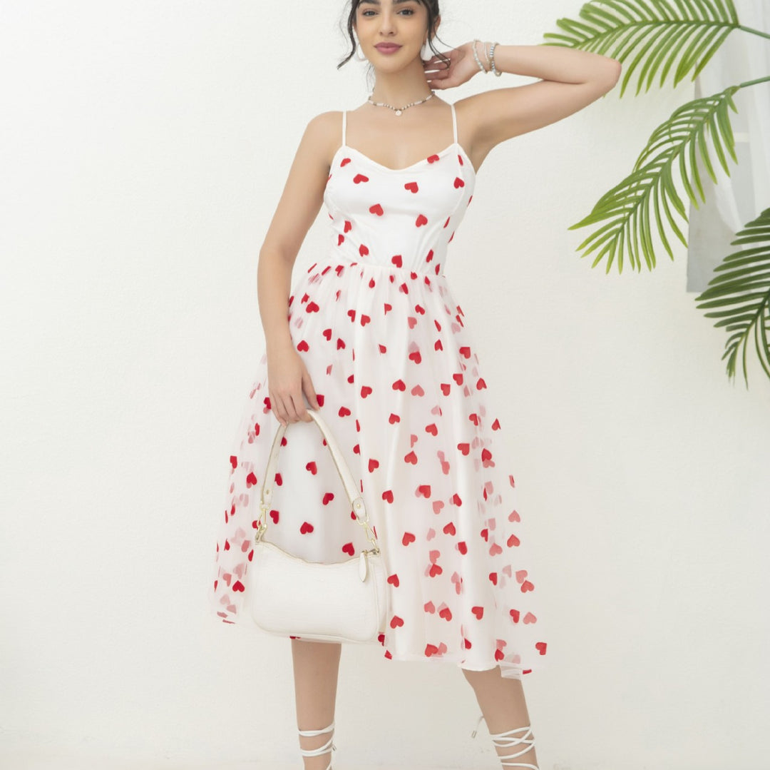 Damen romantisches A-Linien Kleid mit Herzmotiv und verstellbaren Trägern Drune