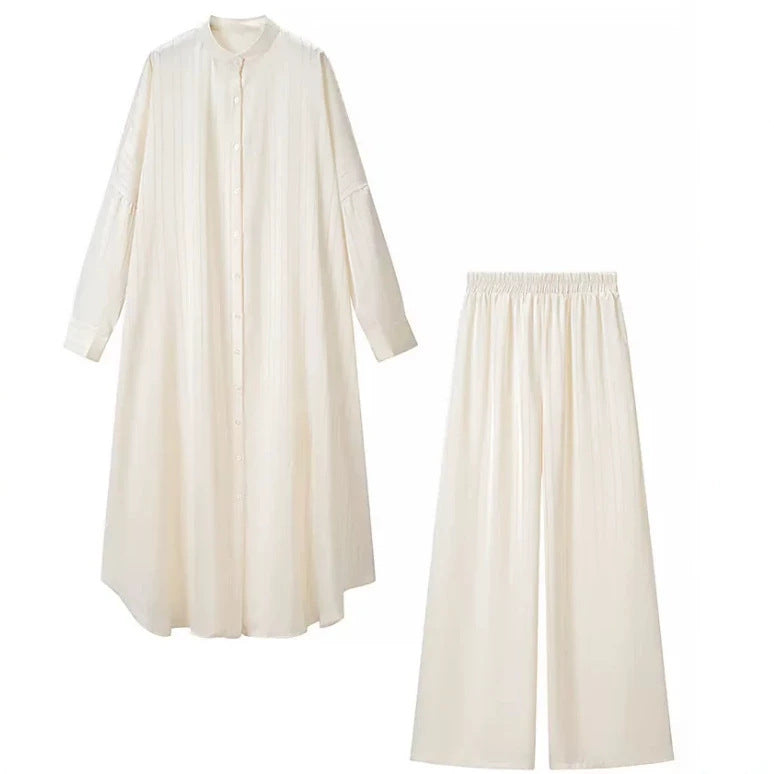Damen Zweiteiliges fließendes Hemdblusen‑Maxikleid mit durchgehender Knopfleiste und passender elastischer Palazzo‑Hose Drune