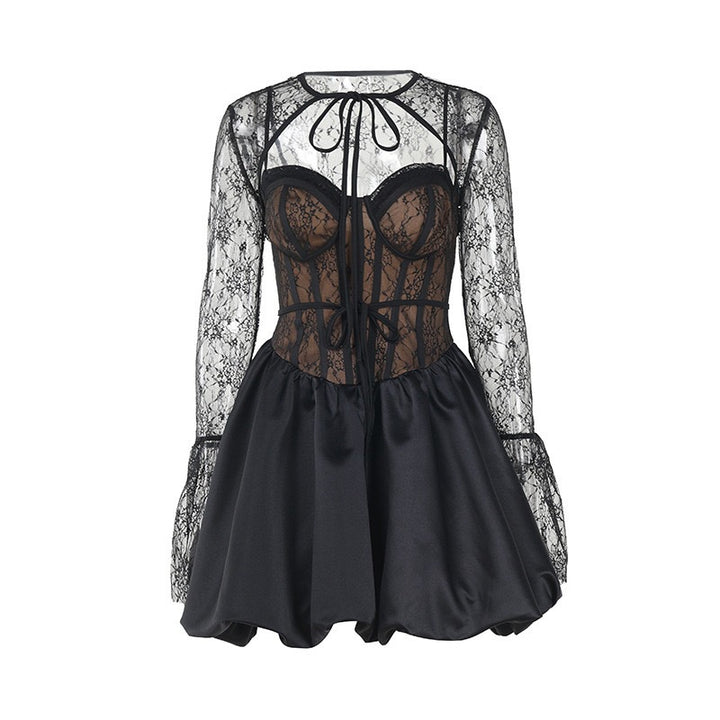 Damen Verspieltes Spitzenkleid mit großflächigen Rüschendetails und taillierter Silhouette Drune