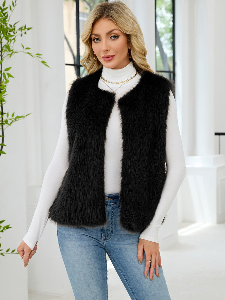 Damen Flauschige Kunstpelzweste mit voluminösem Kragen Drune
