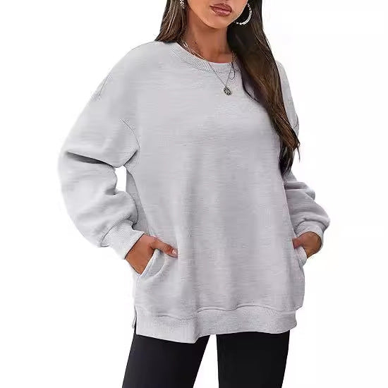 Damen nan lässiger Oversize-Sweatpullover mit seitlichen Eingrifftaschen, geripptem Saum und überschnittener Schulter Drune
