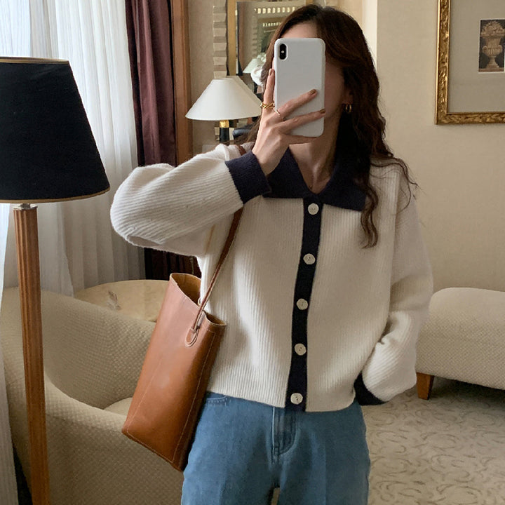 Damen gemusterter Strickjacke mit schickem Kragen und dekorativen Knöpfen Drune