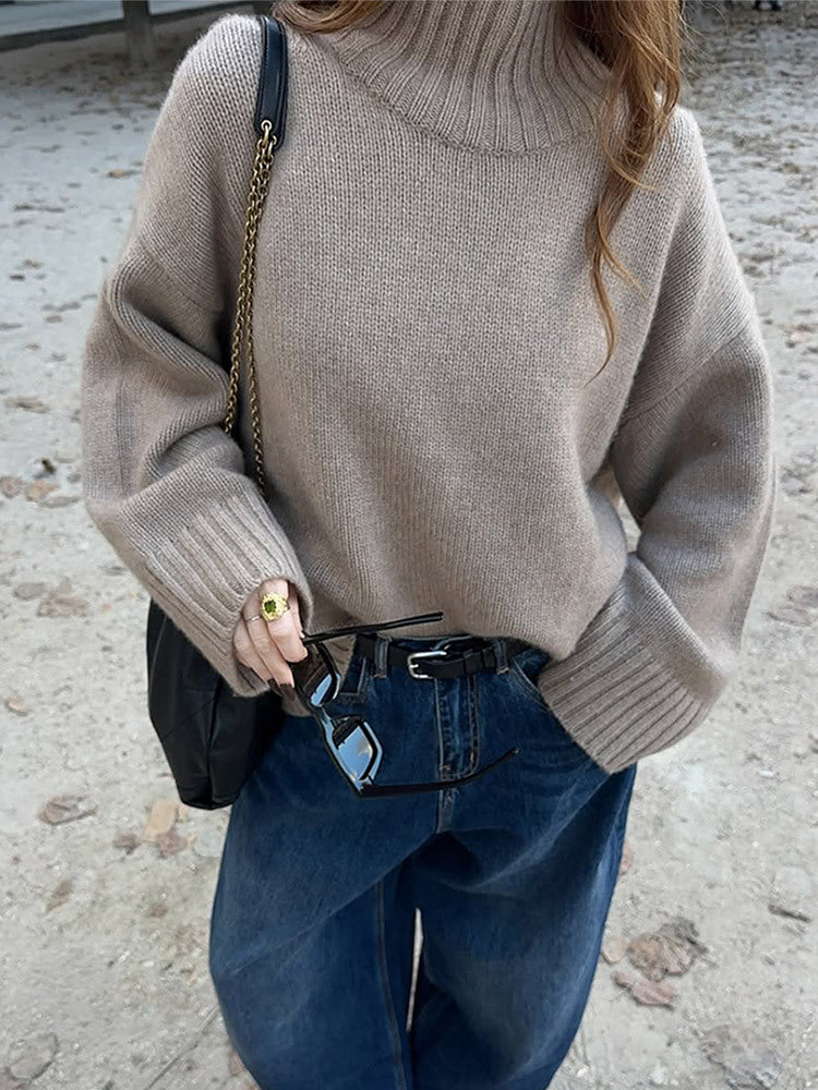 Damen Oversize Rollkragenpullover aus Feinstrick mit überschnittenen Schultern und gerippten Bündchen Drune