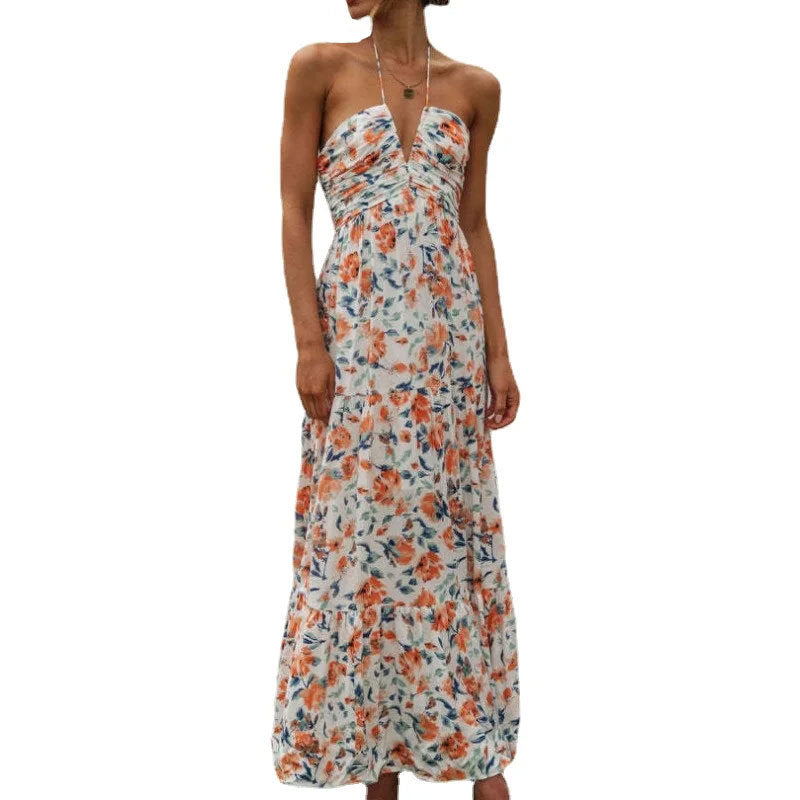 Damen Maxikleid mit tiefem V-Ausschnitt und romantischer Raffung Drune