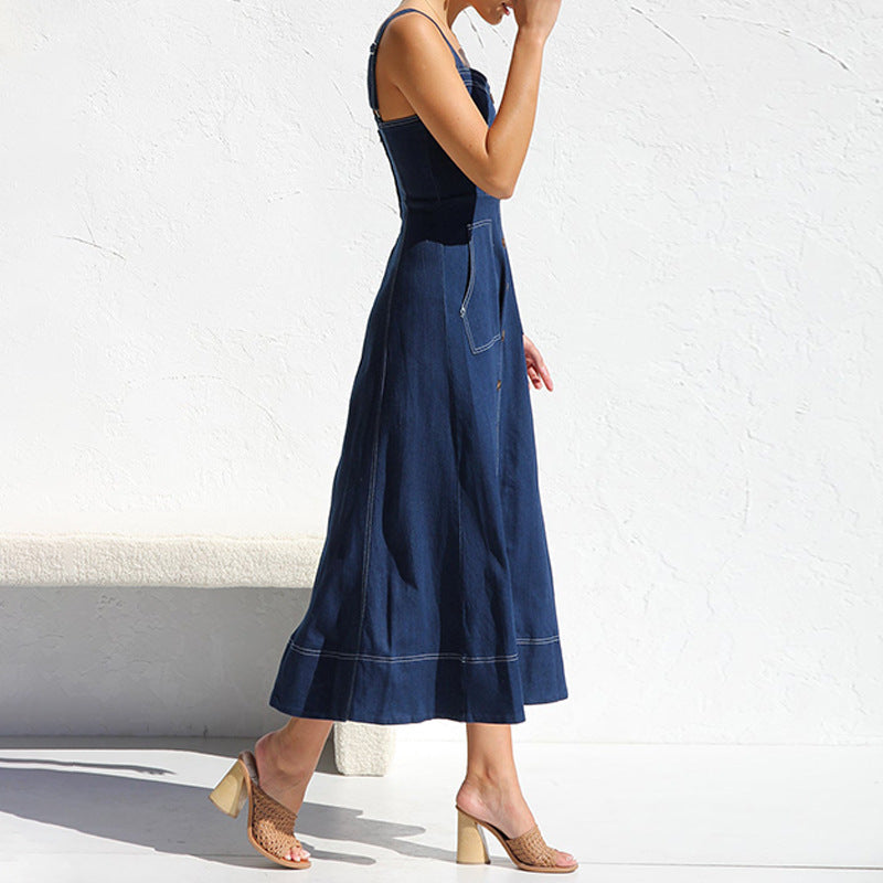 Damen Langes Denim-Kleid mit Knopfleiste und Taschen Drune