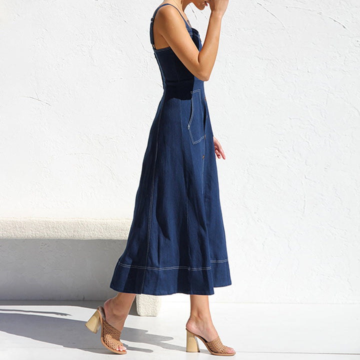 Damen Langes Denim-Kleid mit Knopfleiste und Taschen Drune
