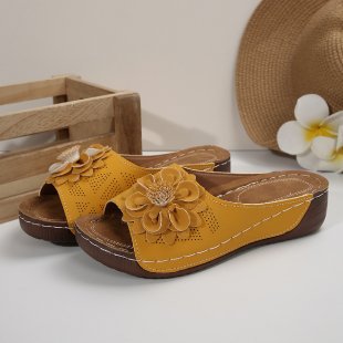 Damen Offene Zehen-Pantoletten mit Blumenapplikation, perforiertem Obermaterial und ergonomischer Keilsohle Drune