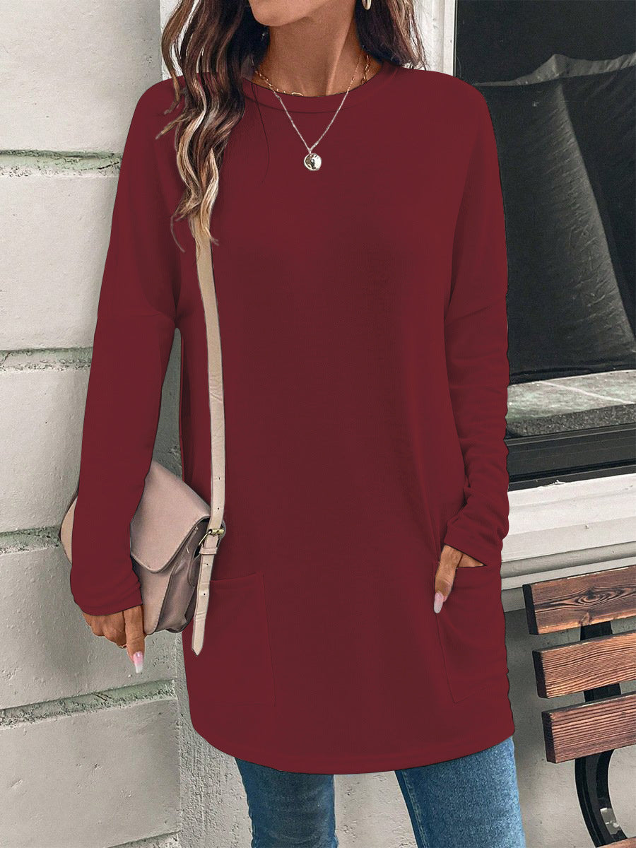 Weit geschnittene lange Tunika für Damen mit rundem Ausschnitt, seitlichen Taschen und weichem Jersey Drune