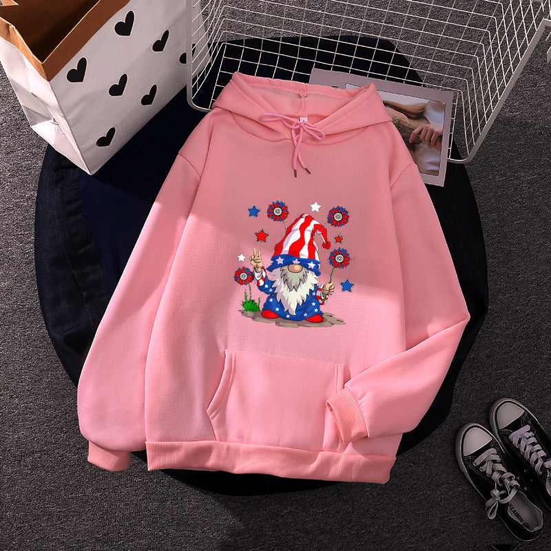 Damen nan Kapuzenpullover mit patriotischem Gartenzwerg-Print, angerautem Fleece-Innenfutter, Oversize-Schnitt und Kängurutasche Drune