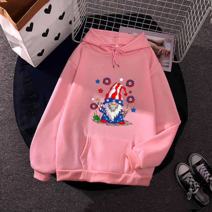 Damen nan Kapuzenpullover mit patriotischem Gartenzwerg-Print, angerautem Fleece-Innenfutter, Oversize-Schnitt und Kängurutasche Drune