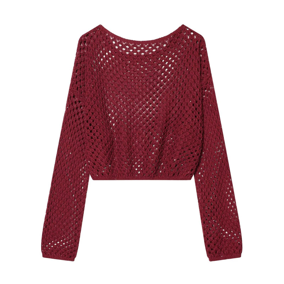 Damen Lockerer gehäkelter Cropped‑Pullover mit Ajourmuster Drune