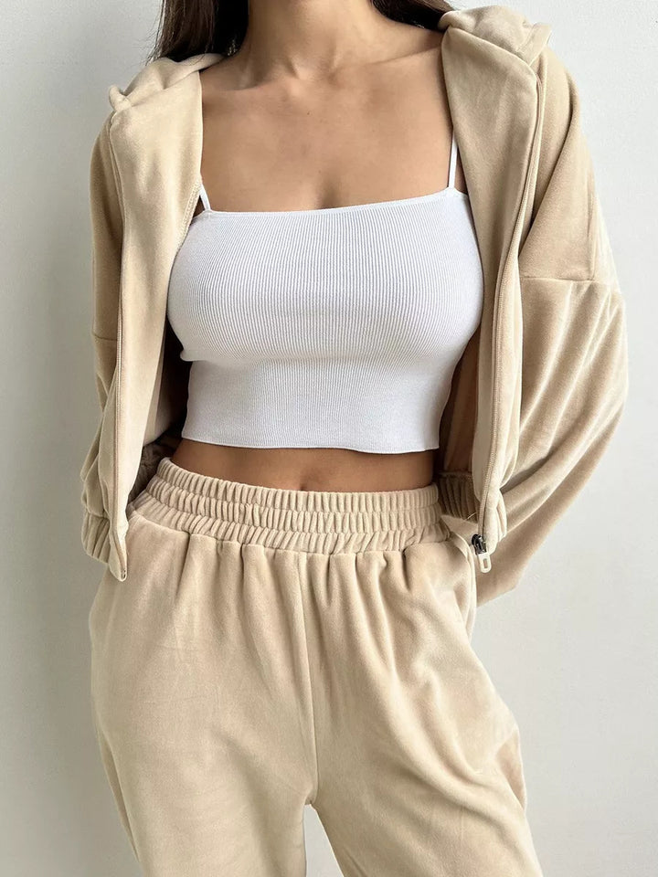 Damen Cropped Samt-Loungewear-Set mit kurzem Reißverschluss, elastischem Taillenbund und weiter Jogginghose Drune