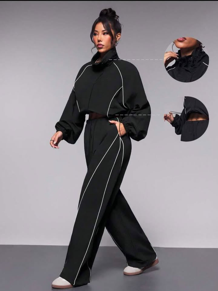 Damen sportives Cropped Windbreaker-Set mit Stehkragen Tunnelzug und reflektierenden Paspeln Drune