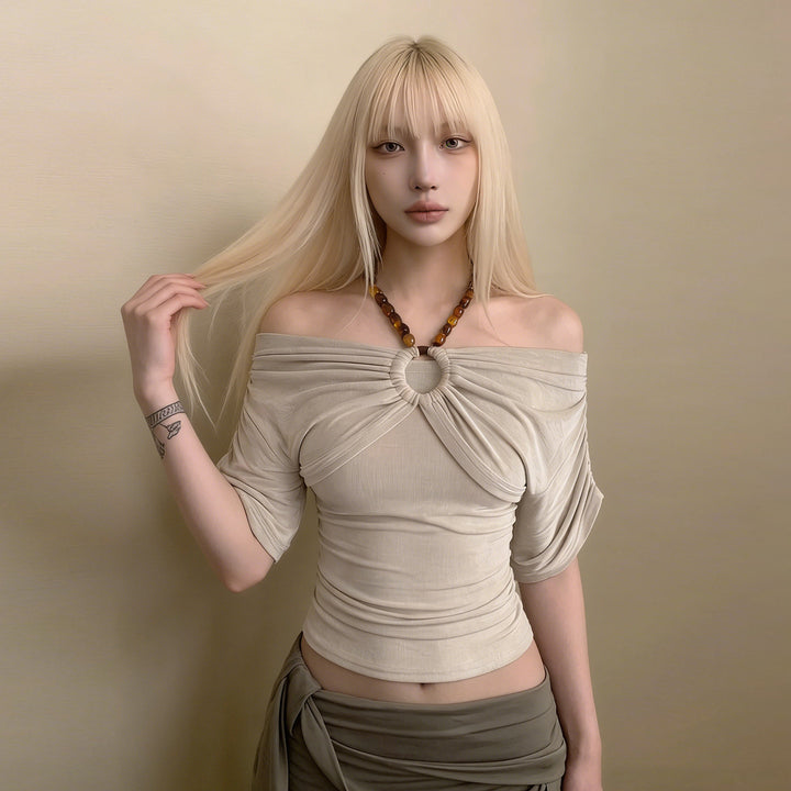 Damen Off-Shoulder Oberteil mit voluminösen Ärmeln und Dekorativem Knoten Drune