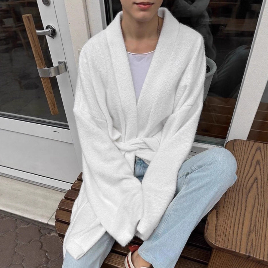 Damen modische offene Strickjacke mit Taillengürtel und weitem Schnitt Drune