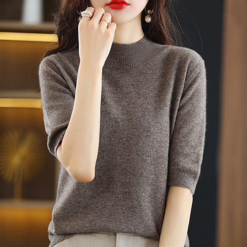 Damen Kurzärmeliger Feinstrick-Pullover mit halbem Rollkragen Drune