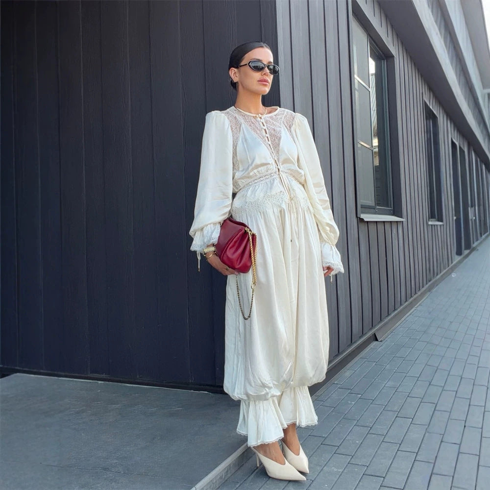 Damen Einteiliger Satin-Overall mit Spitzen‑Yoke, Puffärmeln und voluminöser Haremshose Drune