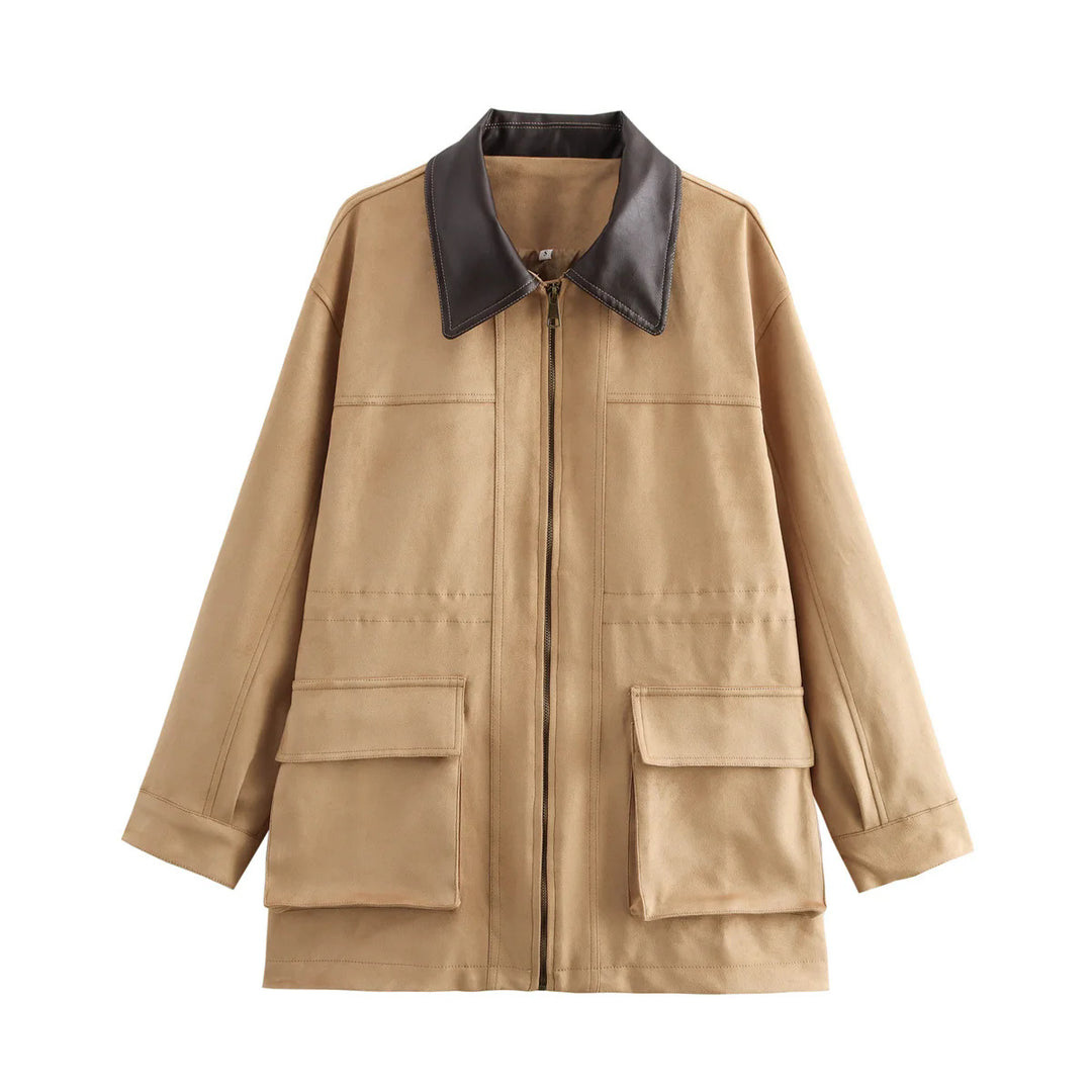 Damen nan oversized Fieldjacke mit kontrastierendem Lederkragen, verdecktem Reißverschluss und großen aufgesetzten Klappentaschen Drune