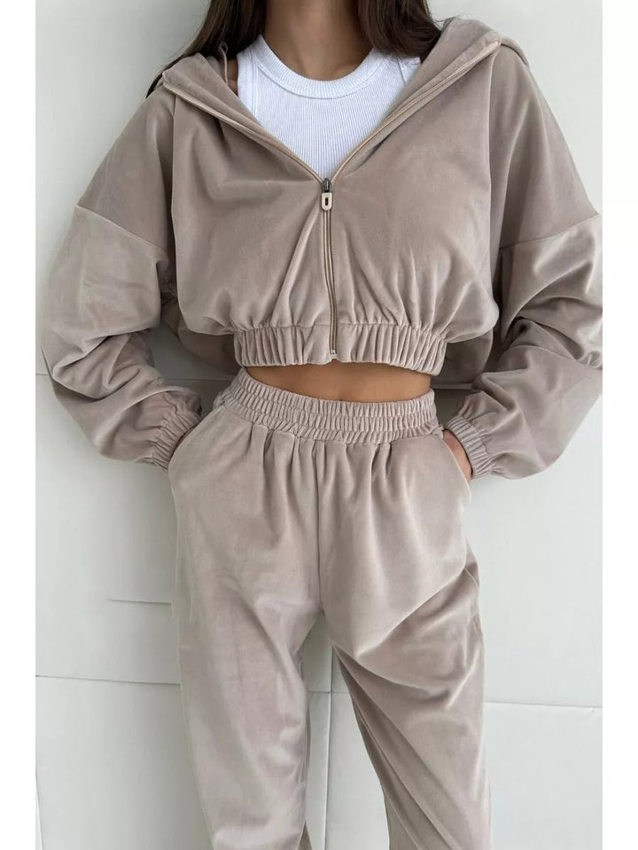 Damen luxuriöser Samt-Trainingsanzug mit geraffter Bomberjacke und High-Waist Jogginghose Drune
